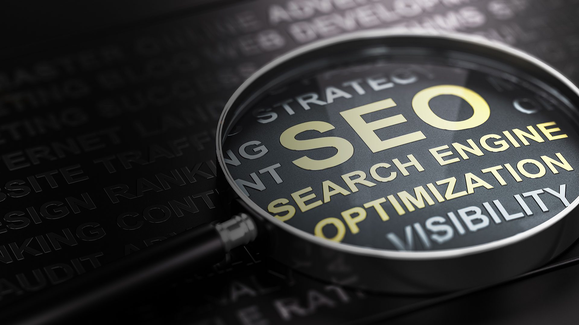 Wir sind Ihre SEO Agentur in Rottweil Eine Lupe über einem schwarzen Papier mit Aufschrift SEO Search Engine Optimization