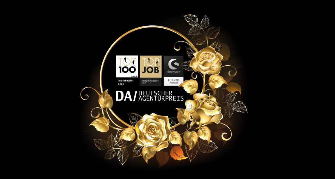 arven.io Auszeichnungen Auszeichnungen von arvenio marketing eingerahmt in goldene Blumen