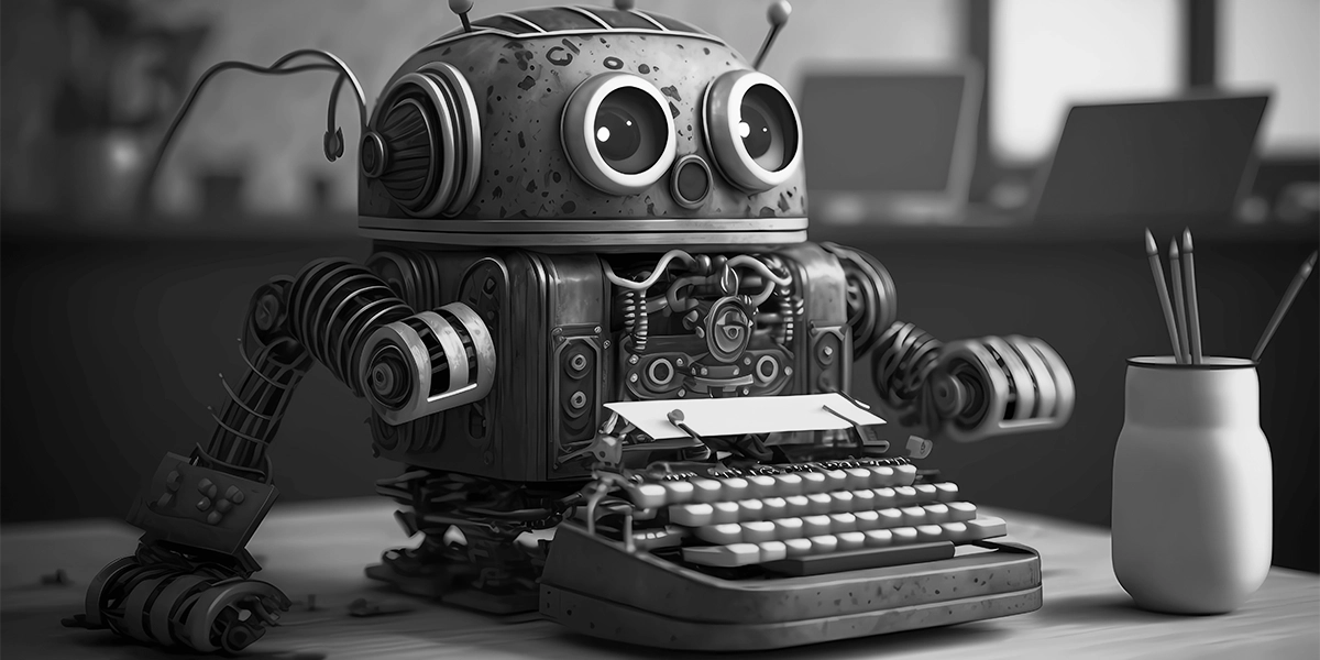 KI im SEO-Bereich Ein KI-generiertes Bild, dass eine KI-gesteuerte Schreibmaschine zeigt