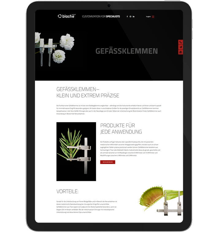 Die Webseite des aven.io-Kunden blache medical, dargestellt auf einem Tablet