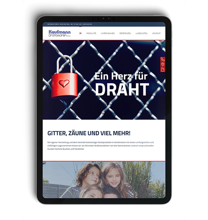 Die Webseite des aven.io-Kunden Kaufmann Drahtwaren, dargestellt auf einem Tablet Die Webseite des aven.io-Kunden blache medical, dargestellt auf einem Tablet