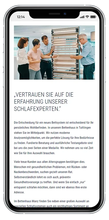 Die Webseite des arven.io-Kunden Bettenhaus Manz auf einem Handy