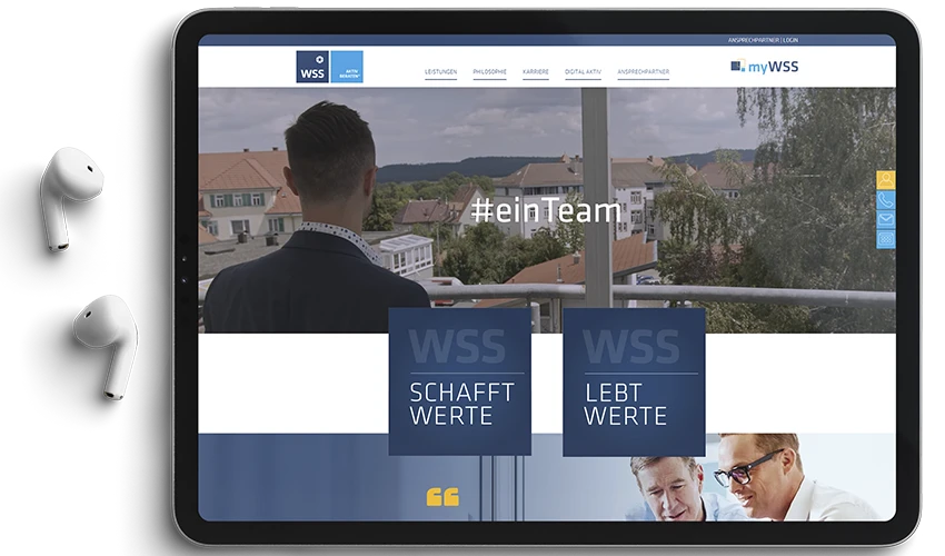 Die Webseite des arven.io-Kunden WSS Die Webseite des arven.io-Kunden WSS auf einem Tablet abgebildet