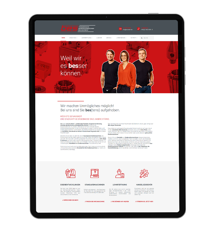 Website bes Die Website des arven.io Kunden bes Funkenerosion, dargestellt auf einem Tablet