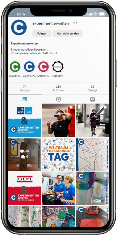 Der Instagramaccount des arven.io-Kunden Campus Schule-Wirtschaft auf einem Smartphone