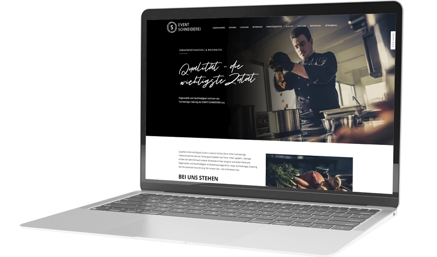 Event Schneiderei Webseite Die Webseite des aven.io-Kunden Event Schneiderei, dargestellt auf einem Laptop