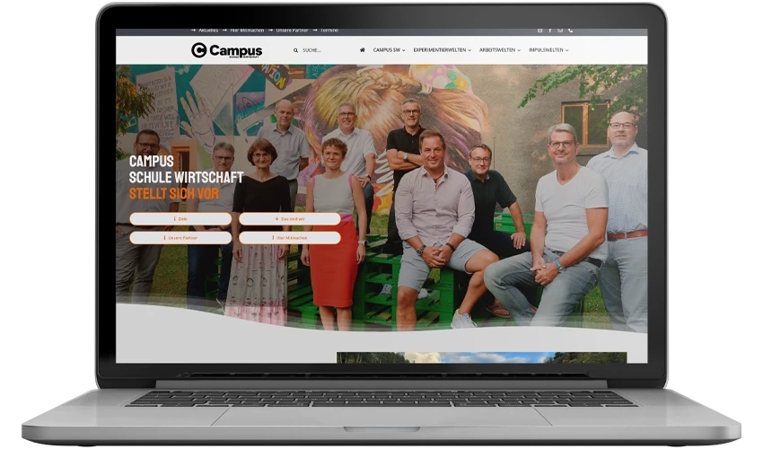 Campus Referenz Die Webseite des arven.io-Kunden Campus Netzwerk Schule-Wirtschaft auf einem Laptop
