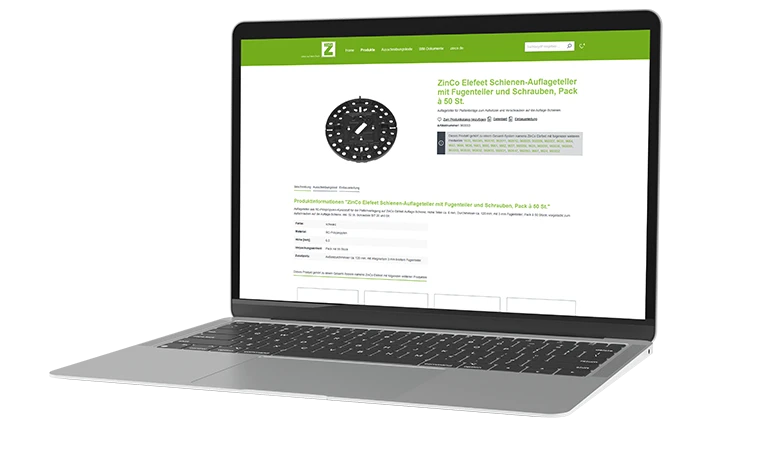 Digitaler Produktkatalog Der digitale Produktkatalog des arven.io-Kunden ZinCo auf einem Laptop dargestellt